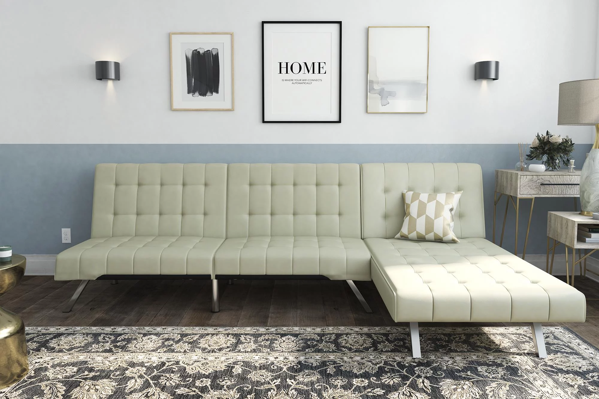 DHP Emily Sectional Futon Sofa Bed with Convertible Chaise Lounger, Modern Design with Sturdy Chrome Legs, Vanilla Faux Leather