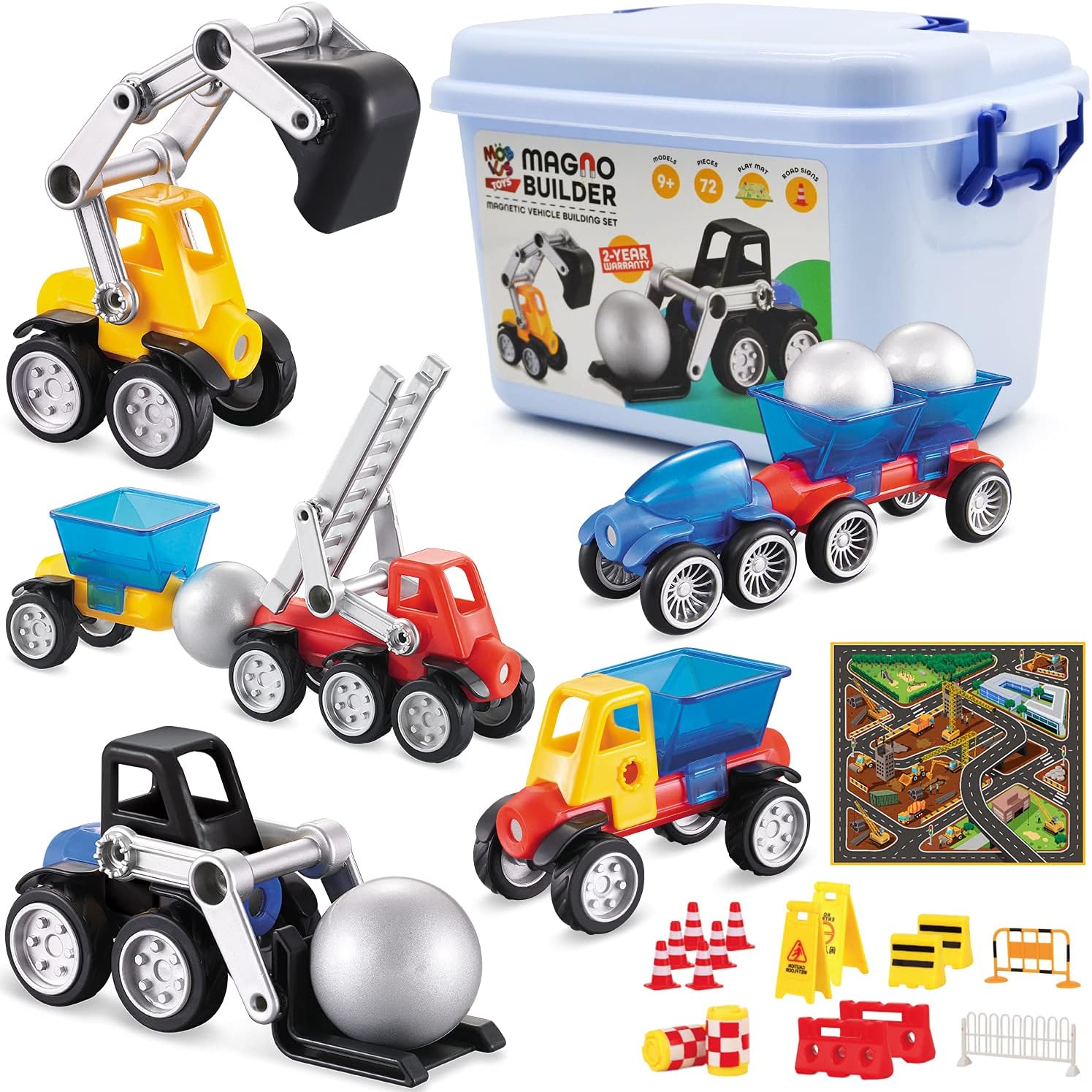 Cars Magnetic Building Blocks, New Shapes for Creating Endless Colorful Builder Trucks Including Play Mat, Selected Construction Signs Road