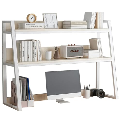 Computer Desktop Bookcase 2-Tier Multipurpose Metal and Wood Desk Hutch Bookshelf for Computer with Partitions Shelf Display Rack Desk Organizer for