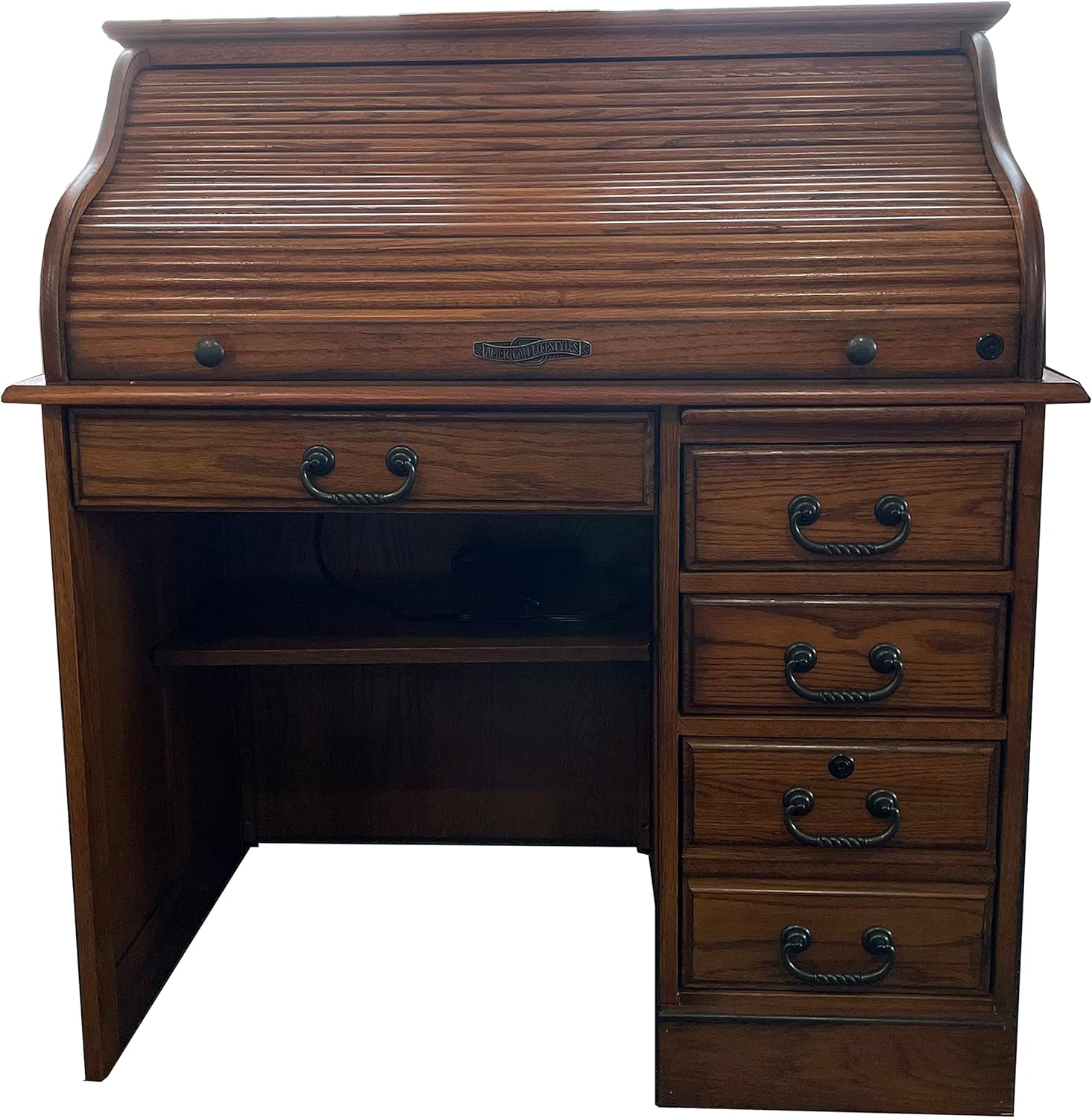 Small Home Office or Student Roll Top Desk- Solid Oak Wood Single Pedestal 40.5Wx24Dx45H BW Organizer Desk Quality Crafted Construction Locking File