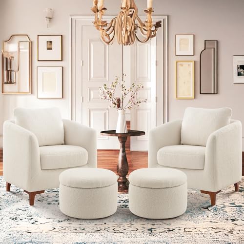 COLAMY Sherpa Accent Chair with Storage Ottoman Set, Upholstered Barrel Arm Chair with Footrest, Modern Living Room Chair with Back Pillow, Cream