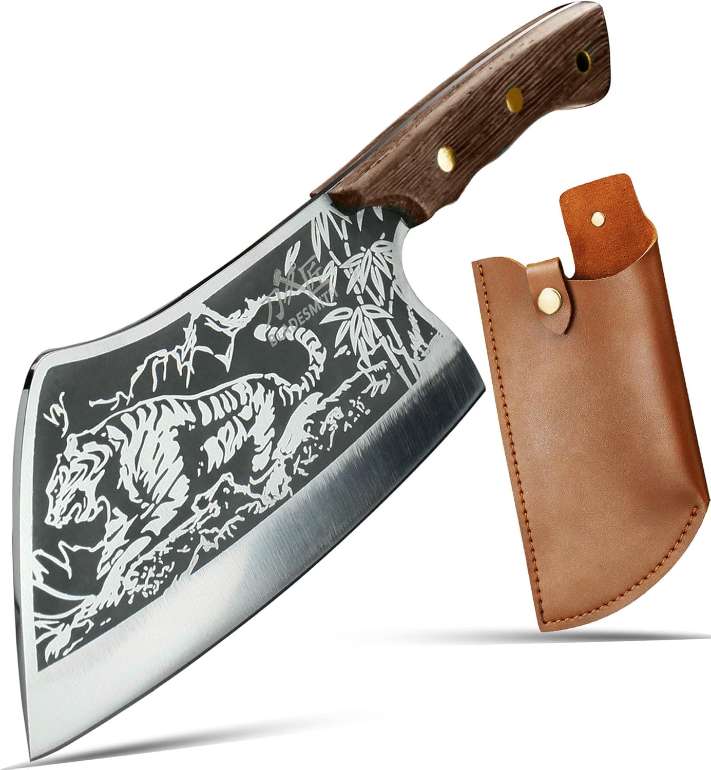 BLADESMITH Meat Cleaver Knife, Heavy Duty Chopping Knife, High Carbon Steel Full Tang Butcher Knife with Sheath