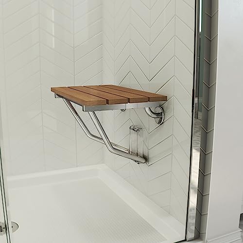 DreamLine - SHST-01-TK 15 in. x 12.875 in. Natural Teak Wood Folding Shower Seat in Chrome