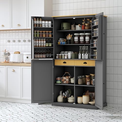 Farmhouse 77inch Kitchen Pantry, Freestanding Tall Cupboard Storage Cabinet with 3 Adjustable Shelves,8 Door Shelves and 3 Drawers