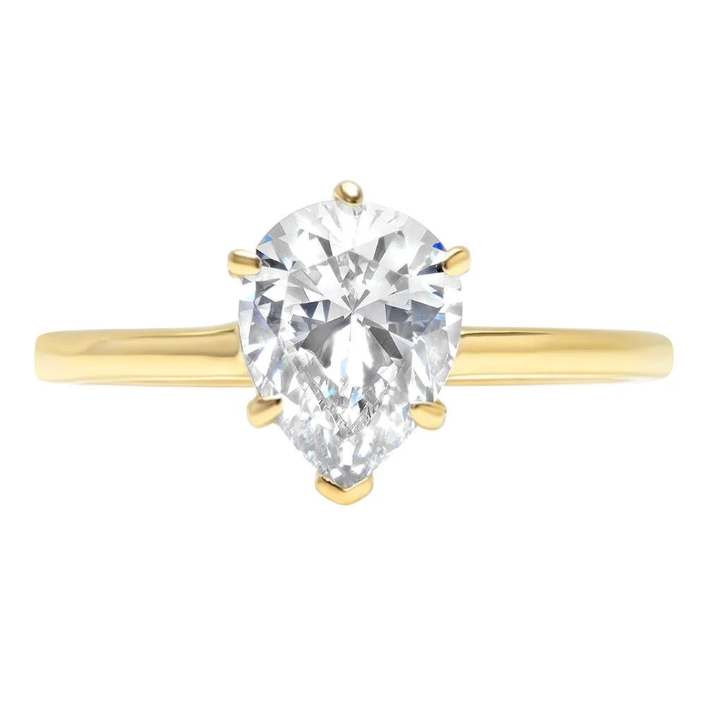 2.0 ct Pear Cut Real Genuine Natural Diamond SI1-SI2 I-J 14K Yellow Gold Solitaire Promise Wedding Statement Engagement Designer Ring size 8