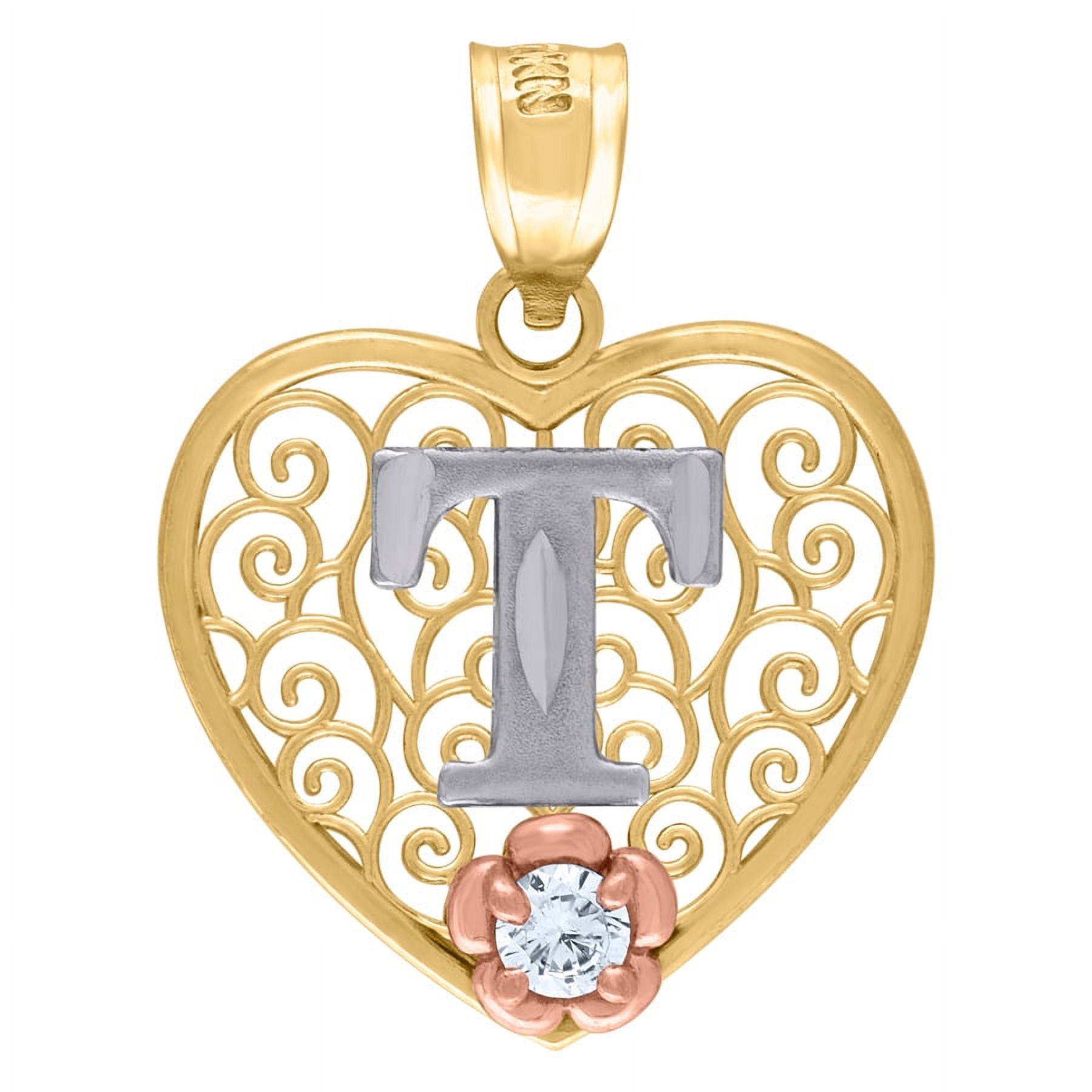 10k Tri color Gold Womens Love Heart Letter Name Personalized Monogram Initial T Charm Pendant Necklace Measures 24.8x18