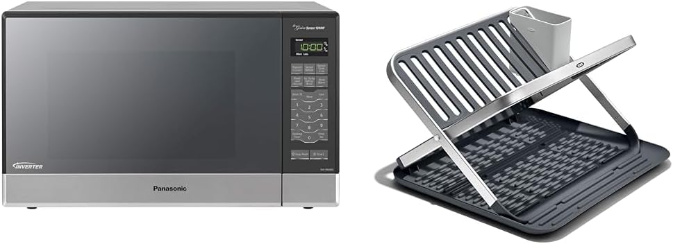 Panasonic Microwave Oven NN-SN686S Stainless Steel Countertop/Built-In & OXO Good Grips Aluminum Fold Flat Dish Drying Rack, 2-Tier, with Drainboard