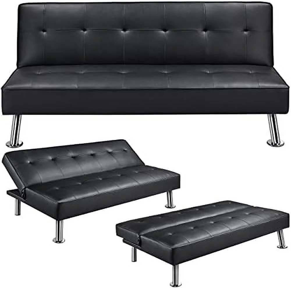 RUNFAYBIU Modern Folding Futon Loveseat Black Faux Leather Futon Sleeper Bed Convertible Futon Couch Bed for Living Room