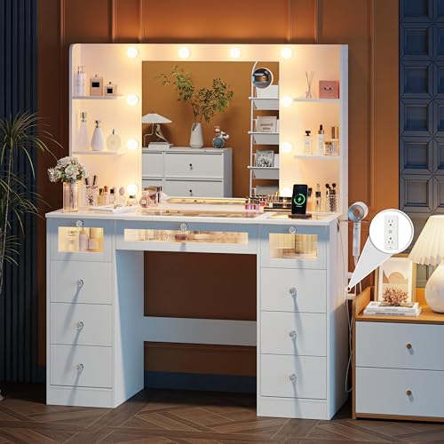 Vanity Desk with Mirror and Lights, Glass Top Vanity with 9 Drawers Including 3 LED Drawers, 4 Shelves & Power Outlet