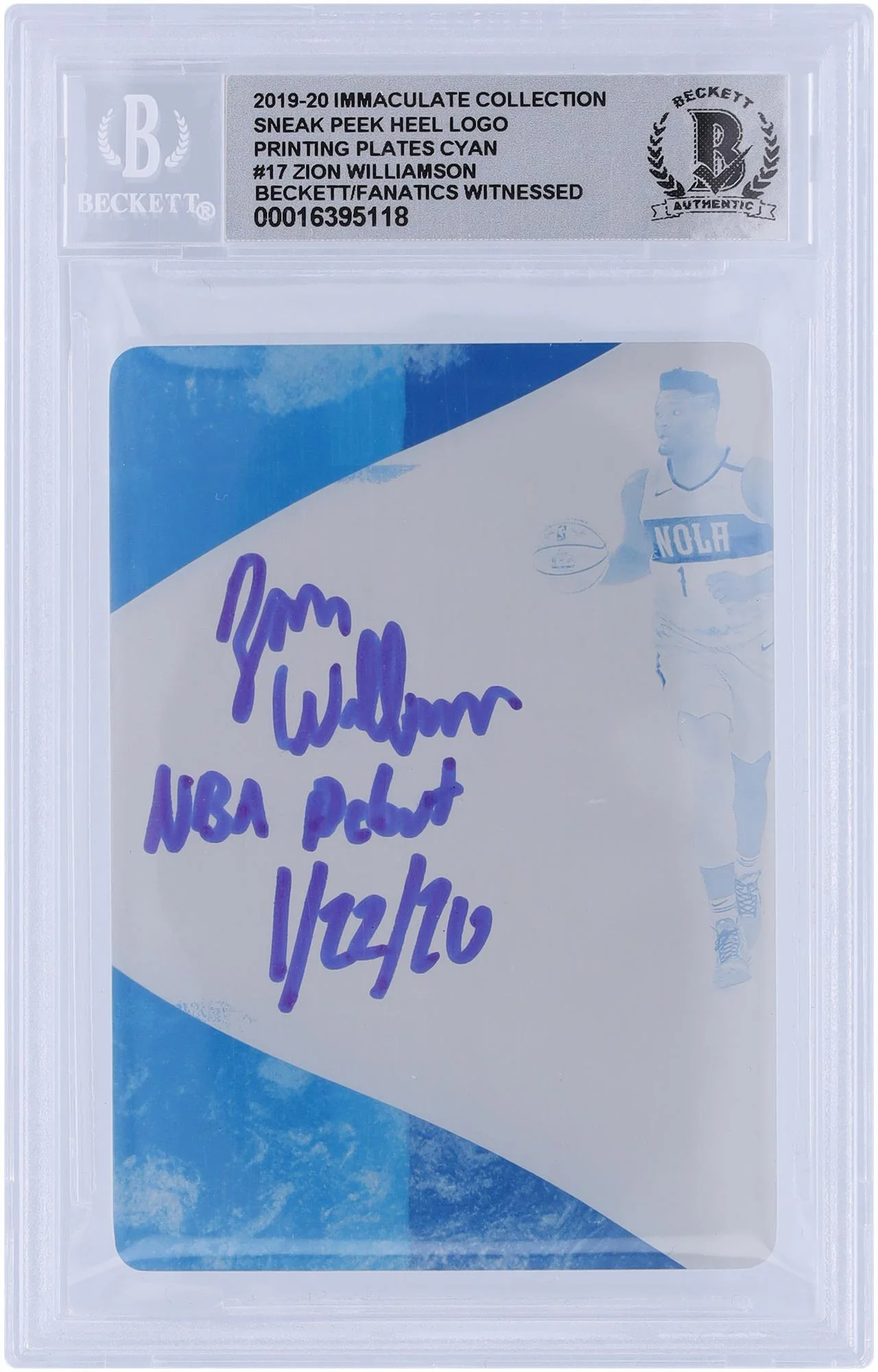 Zion Williamson New Orleans Pelicans Autographed 2019-20 Panini Immaculate Collection Sneak Peek Heel Logo Cyan Printing Plate #17 #1/1 Beckett