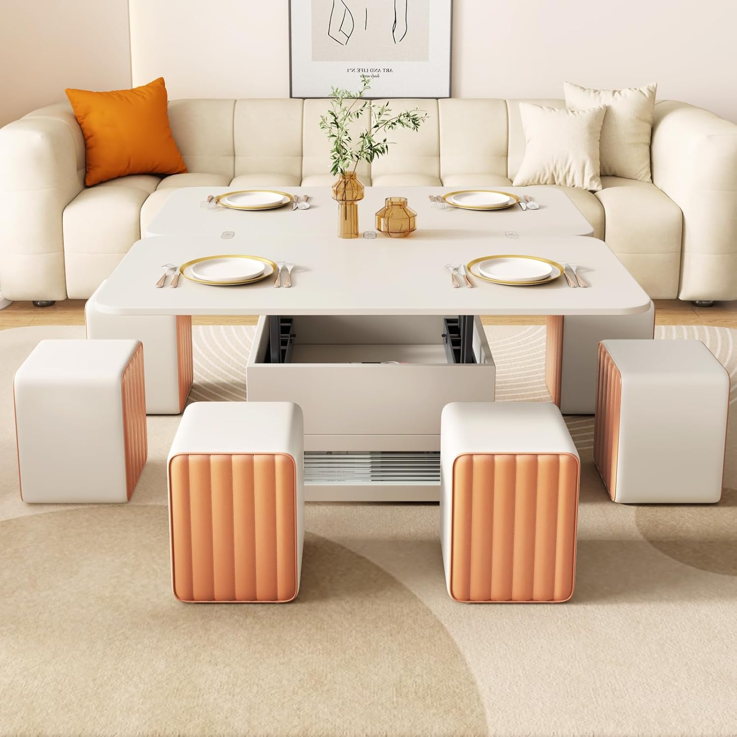 White Lift Top Coffee Table with 4 Stools, Lift Top Coffee Table converts to Dining Table, Two Separate Lift Board