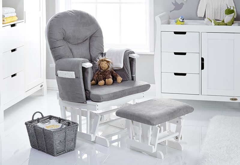 Obaby Reclining Glider Chair and Stool – White with Grey Cushions