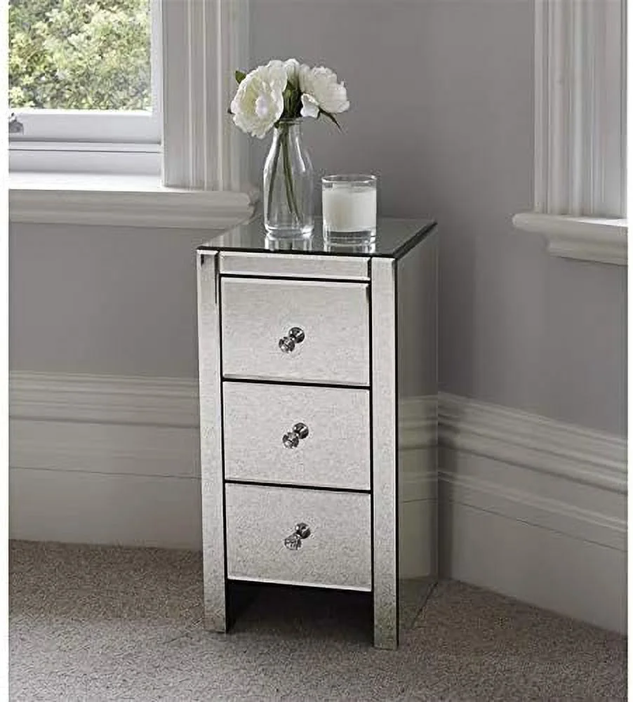 RUNFAYBIU Mirrored Nightstand  Mirrored End Table with 3 Drawers and Crystal-Style Knobs   Mirrored Bedside Table for Bedroom  Living Room  Small