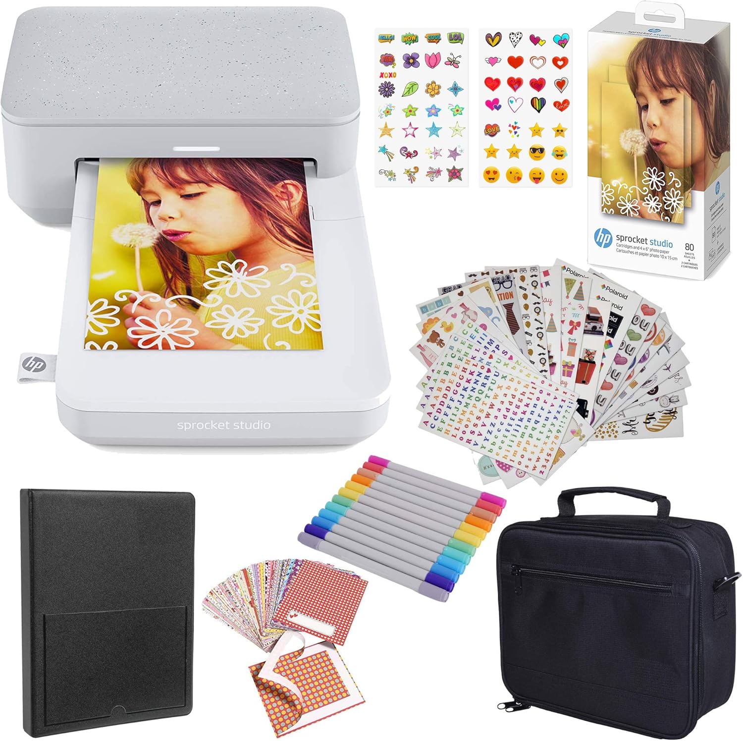 HP Sprocket Studio Plus 4x6” Instant Color Photo Printer – Bundle: Case and Photo Paper, White