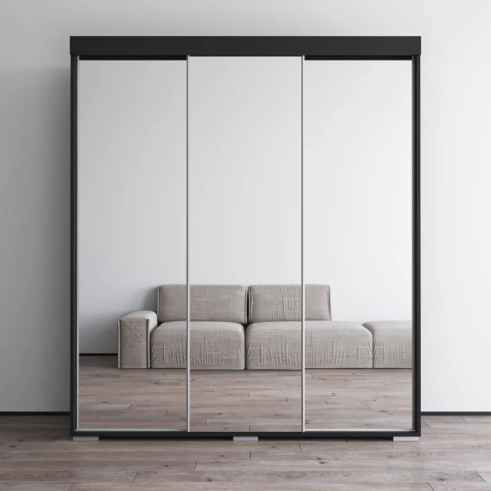 Aria 3 Door 71" Wide Modern High Gloss Wardrobe Armoire, Black Body with All Mirror Fronts