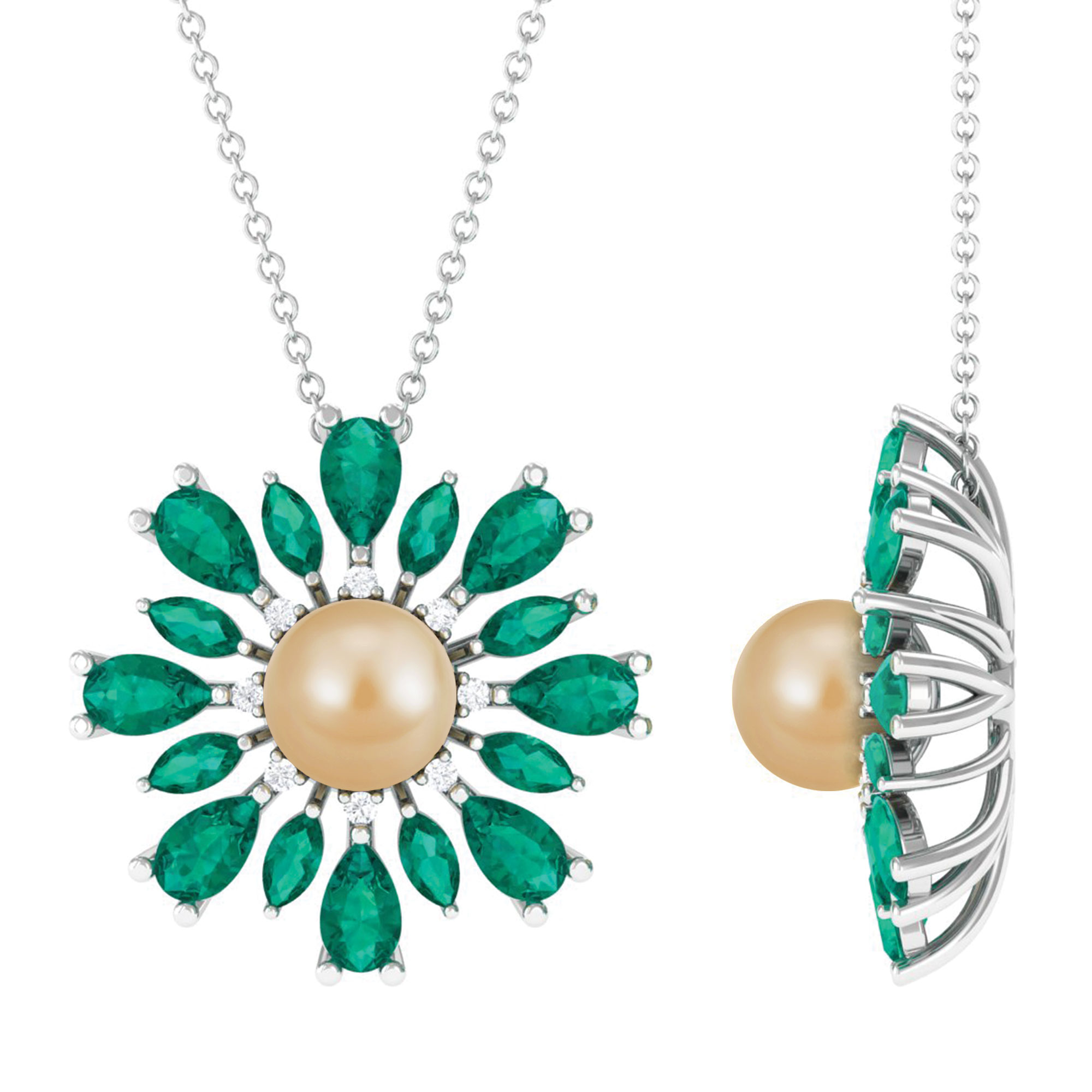 South Sea Pearl Pendant with Emerald and Diamond, Floral Pendant Necklace, 18K White Gold
