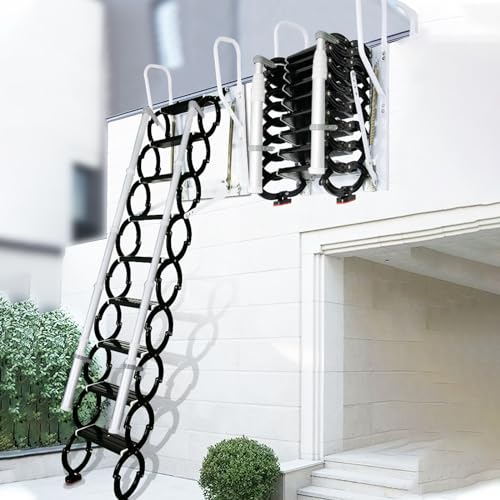 Wall-Mounted Folding Stairs, Folding Loft Staircase with Handrails,Telescoping Attic Ladder with Pull Down System, 12 Steps Attic Stairs