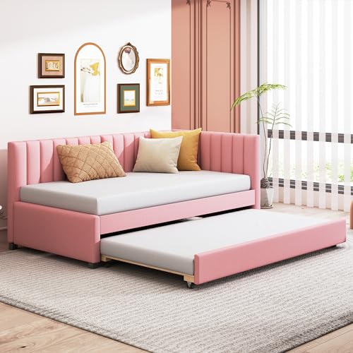 Full Size Upholstered Daybed with Smarter LED and Trundle, Teddy Fleece Sofa Bed with Ergonomic Design Backrest for Kids, Bedroom