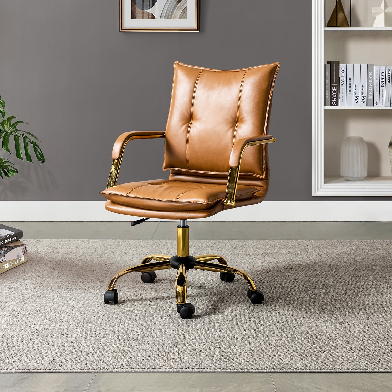 Modern Vegan Leather Home Office Task Chair with Tufted Mid Back  Armrest Swivel Adjustable Study Room Workstation Camel