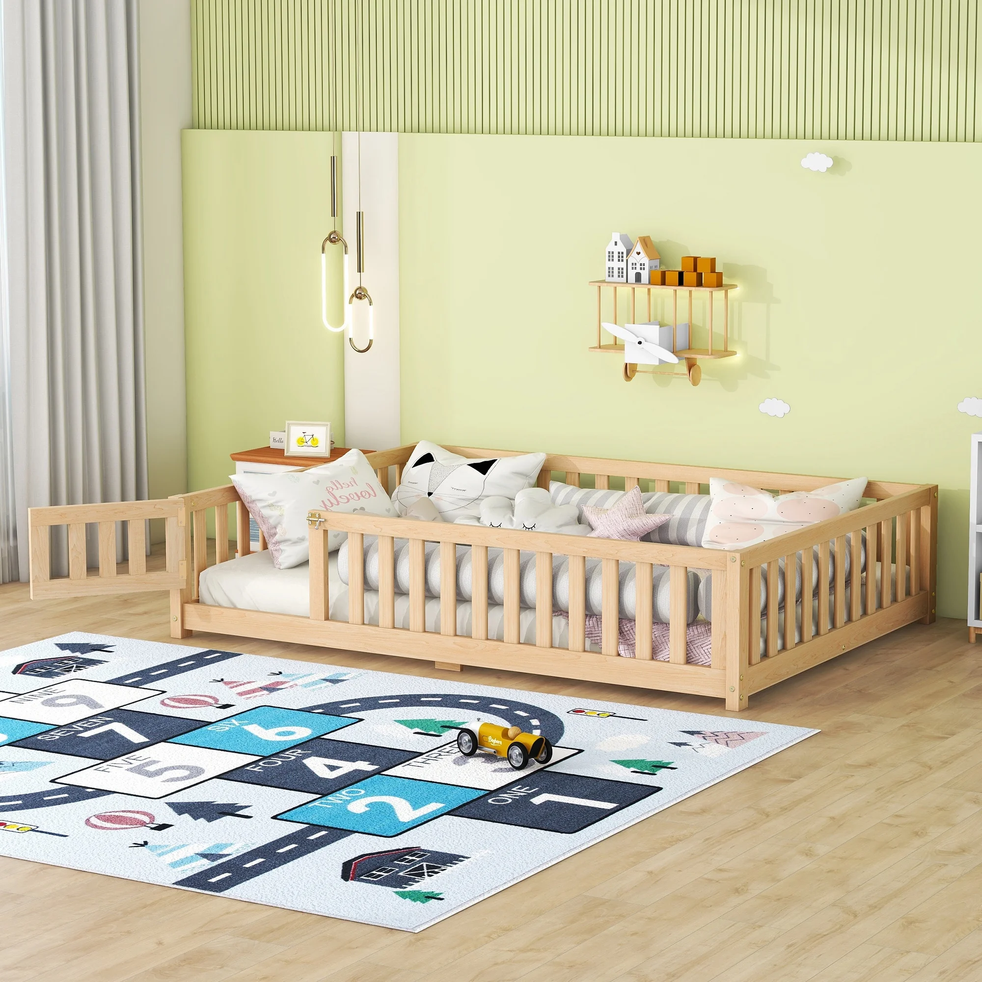 Momspeace Twin Size Floor Bed with Safety Guardrails and Door Montessori Wood Bed Frame for Kids, Natural