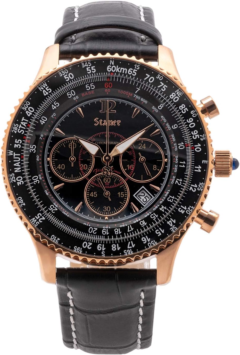 Stauer 1916 Midnight Flyboy Watch for Men – Vintage Style Chronograph Watch – Genuine Crocodile-Embossed Black Leather Watch Band – Stainless Back &
