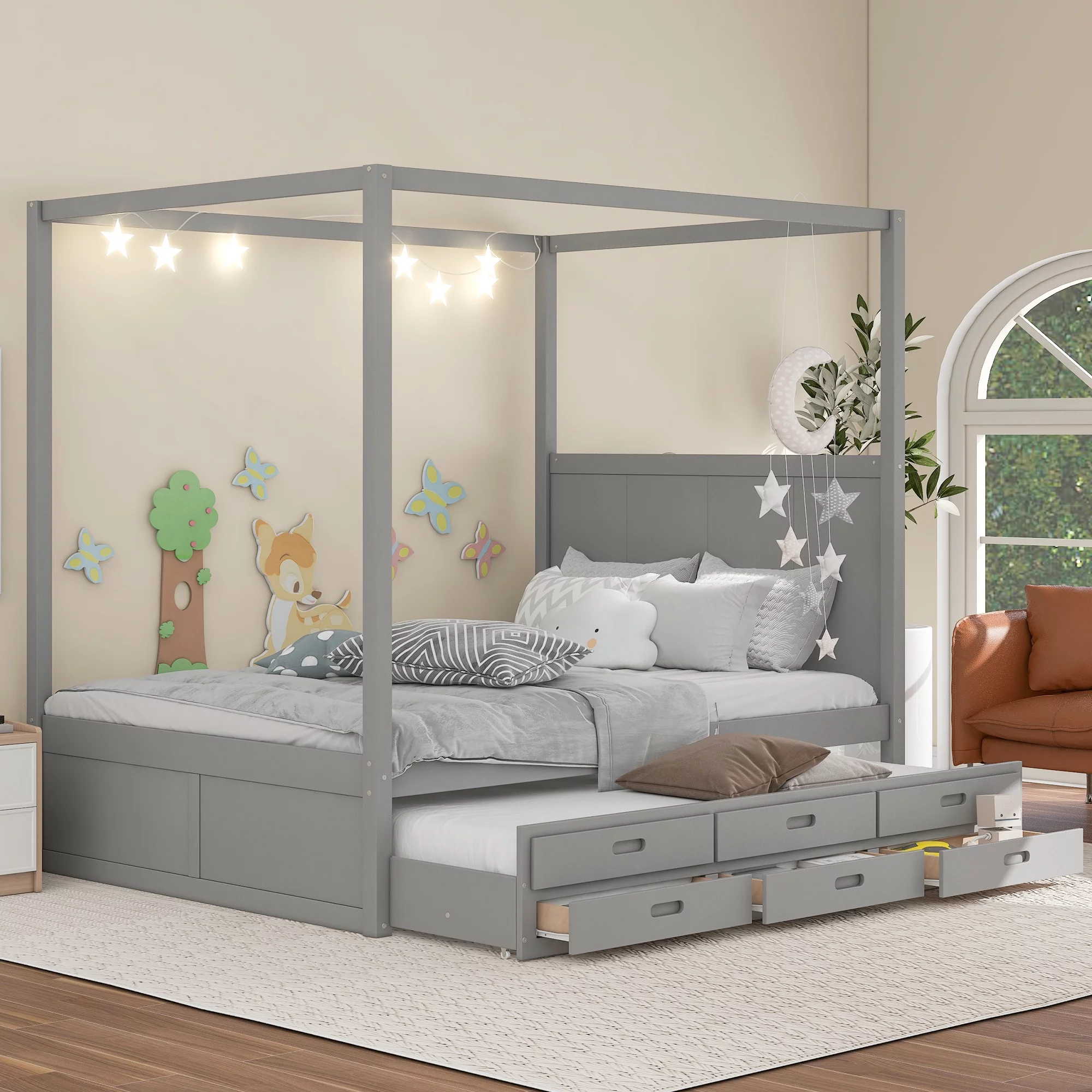 Bellemave Queen Size Canopy Bed with Twin Size Trundle and 3 Storage Drawers, Queen Platform Bed with Headboard, Wood Queen Bed Frame for Kids, Teens