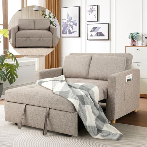 SEJOV 3-in-1 Convertible Sofa Bed, Linen Fabric Sleeper Couch Pull Out Bed, 49" 2-Seater Loveseat Futon Sofa with Spring Support