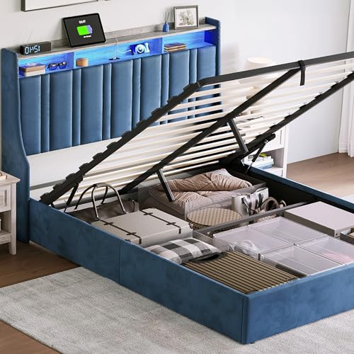 LINSY Lift Up Storage Bed Queen Bed Frame with Storage, Upholstered Bed Frames with Headboard