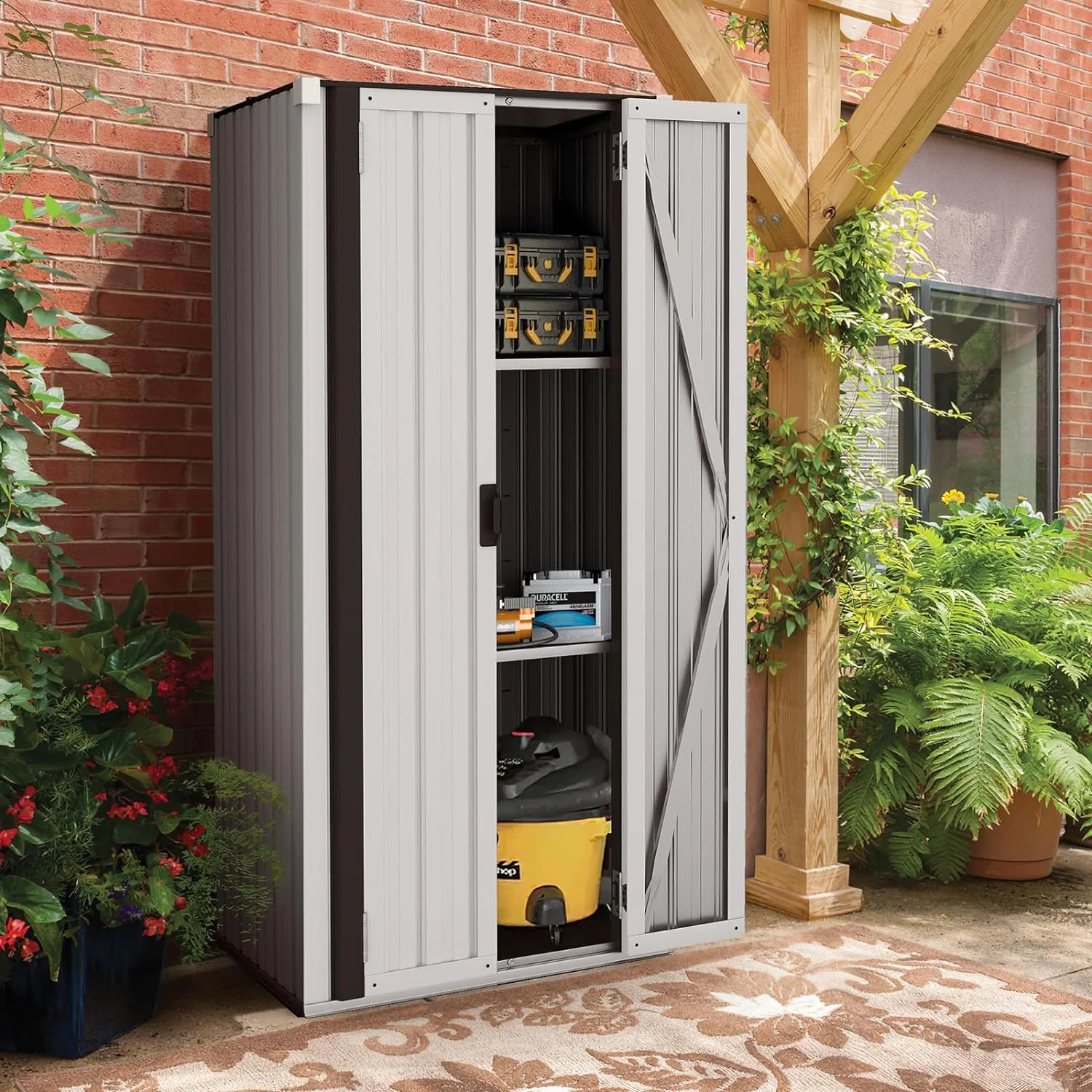 AECOJOY Outdoor Storage Cabinet Waterproof with Adjustable Shelves, Lockable Metal Outdoor Garden Storage Sheds Organizer, Versatile for Garage