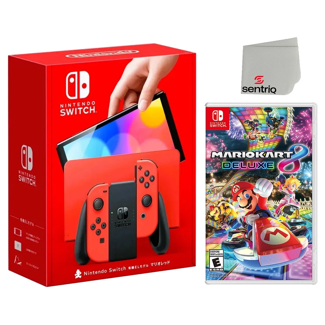 Nintendo Switch OLED Mario Red Edition + Mario Kart 8 Deluxe + Sentriq Screen Cleaning Cloth Bundle - Japan Import with US Plug