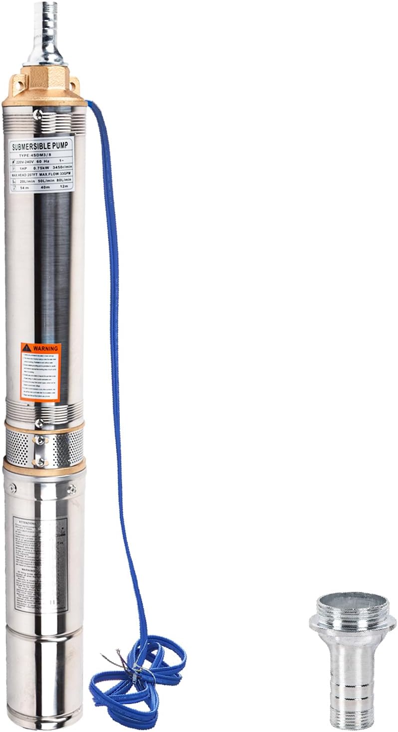 1HP Deep Well Submersible Pump, 220V/ 60HZ 0.75KW Stainless Steel Water Well Pumps for Industrial and Home Use, 1.25" Outlet Submersible Well Pump
