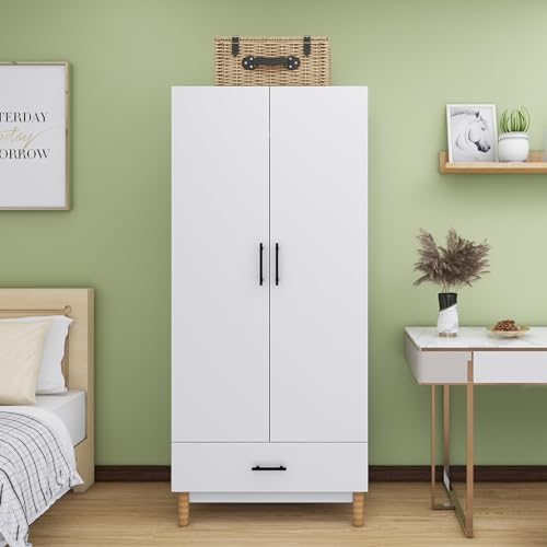 Armoire Wardrobe Closet Wood: 2 Drawers 2 Door Wardrobe Cabinet White with Large Capacity with Hanging Rod Handles for Bedroom Tall Armoire Storage