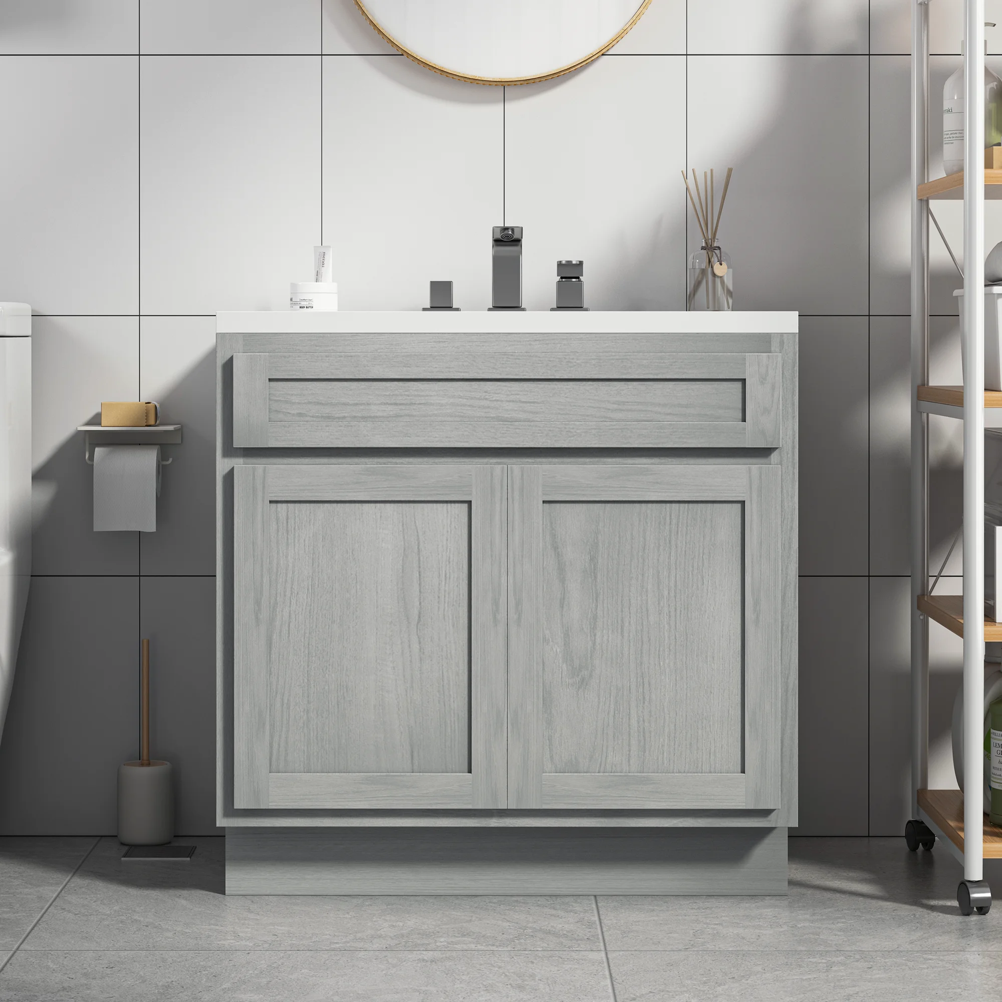 Vanity Art 30 Inch Double Shutter Door Bathroom Vanity Base Cabinet with Soft Closing Shaker Drawer