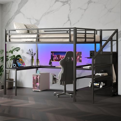 Full Size Metal Loft Bed Heavy-Duty Loft Bed Frame, LED Loft Bed Frame with L Shaped Desk, Wardrobe, Storage Stairs