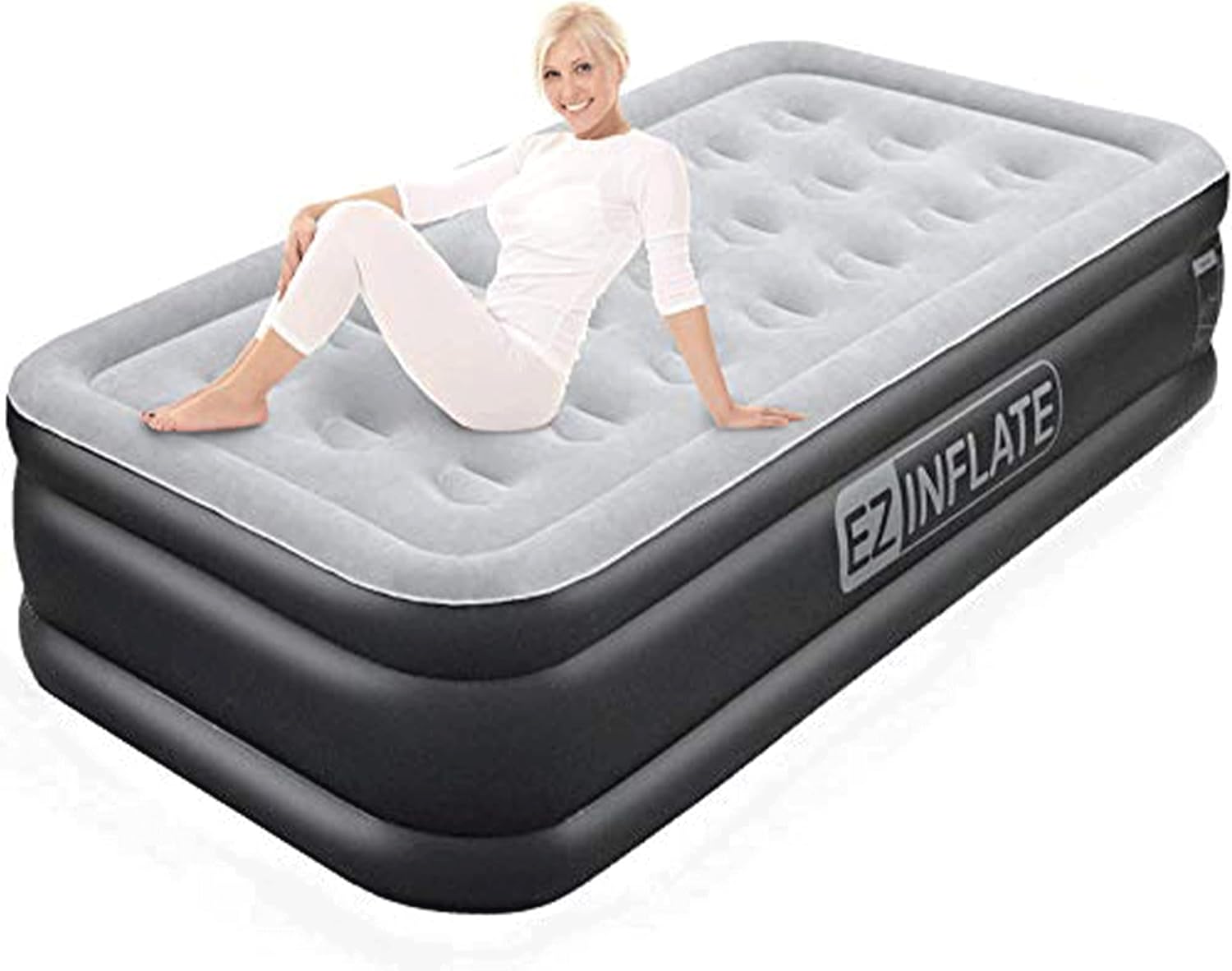 EZ Inflate Air Mattress with Built in Pump - Twin Size Double-High Inflatable Mattress with Flocked Top - Easy Inflate, Waterproof