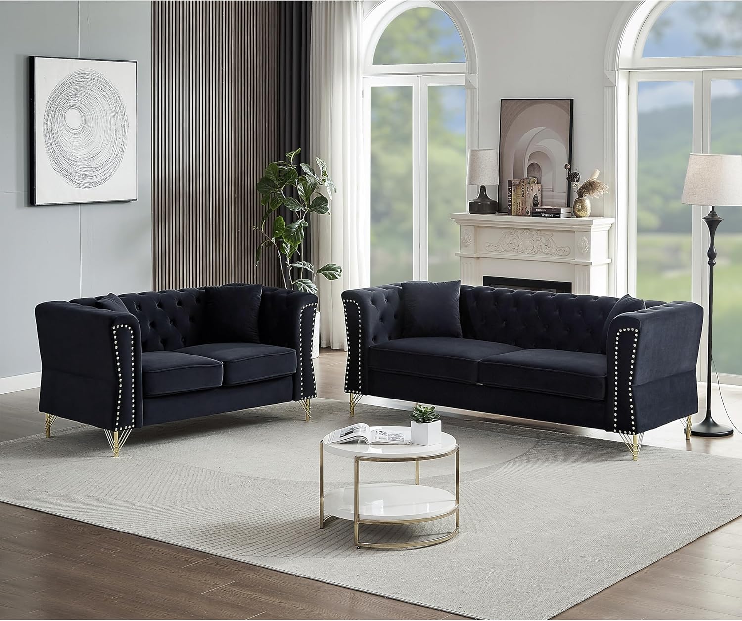 3-seater + 2-seater Combination Sofa Tufted Couch with Rolled Arms and Nailhead for Living Room, Bedroom, Office, Apartment, four pillows (Black)