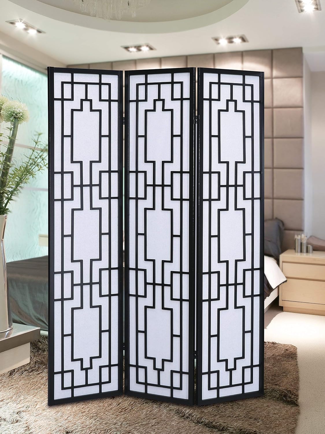 Roundhill Furniture Sudoku 3 Panel Room Divider Screen, Black
