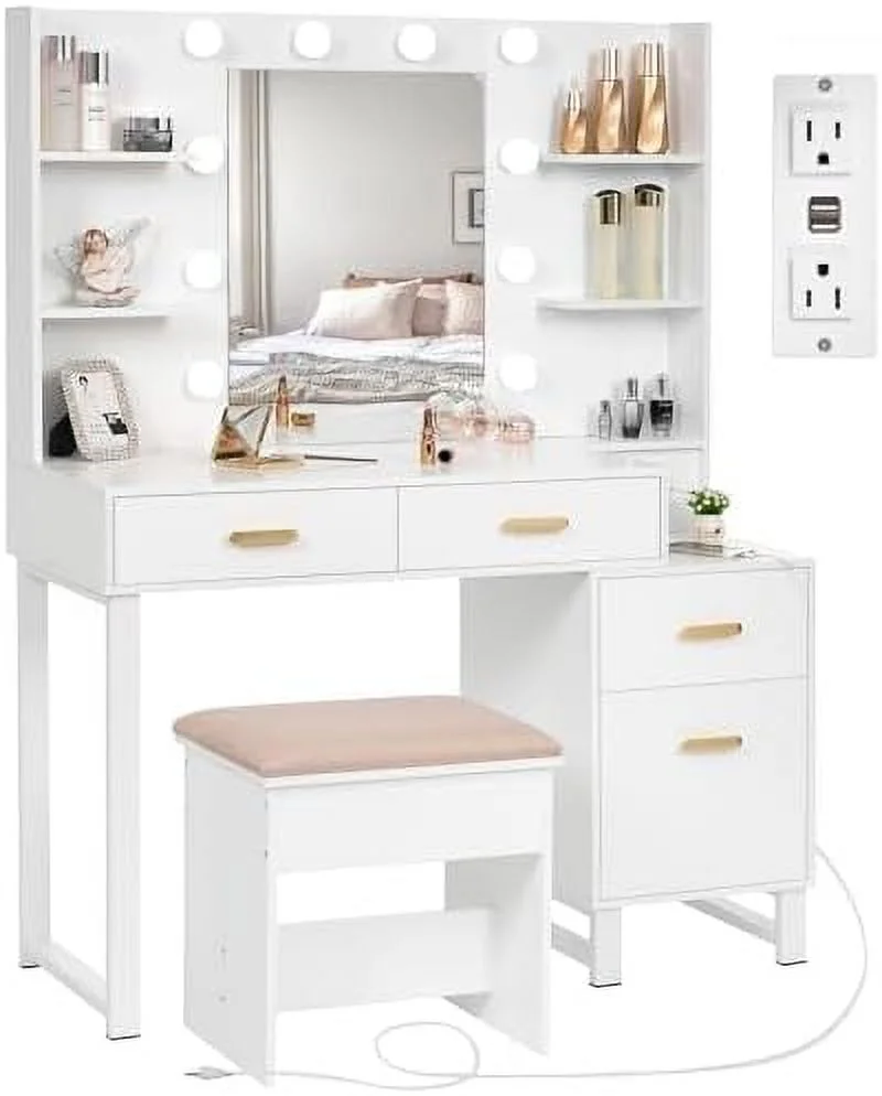 TJCGDTY Vanity Desk Vanity Set with 10 LED Bulbs Lighted Mirror  Vanity Table Set with Charging Station Nightstand 3 Colors Modes Dimming Cushioned