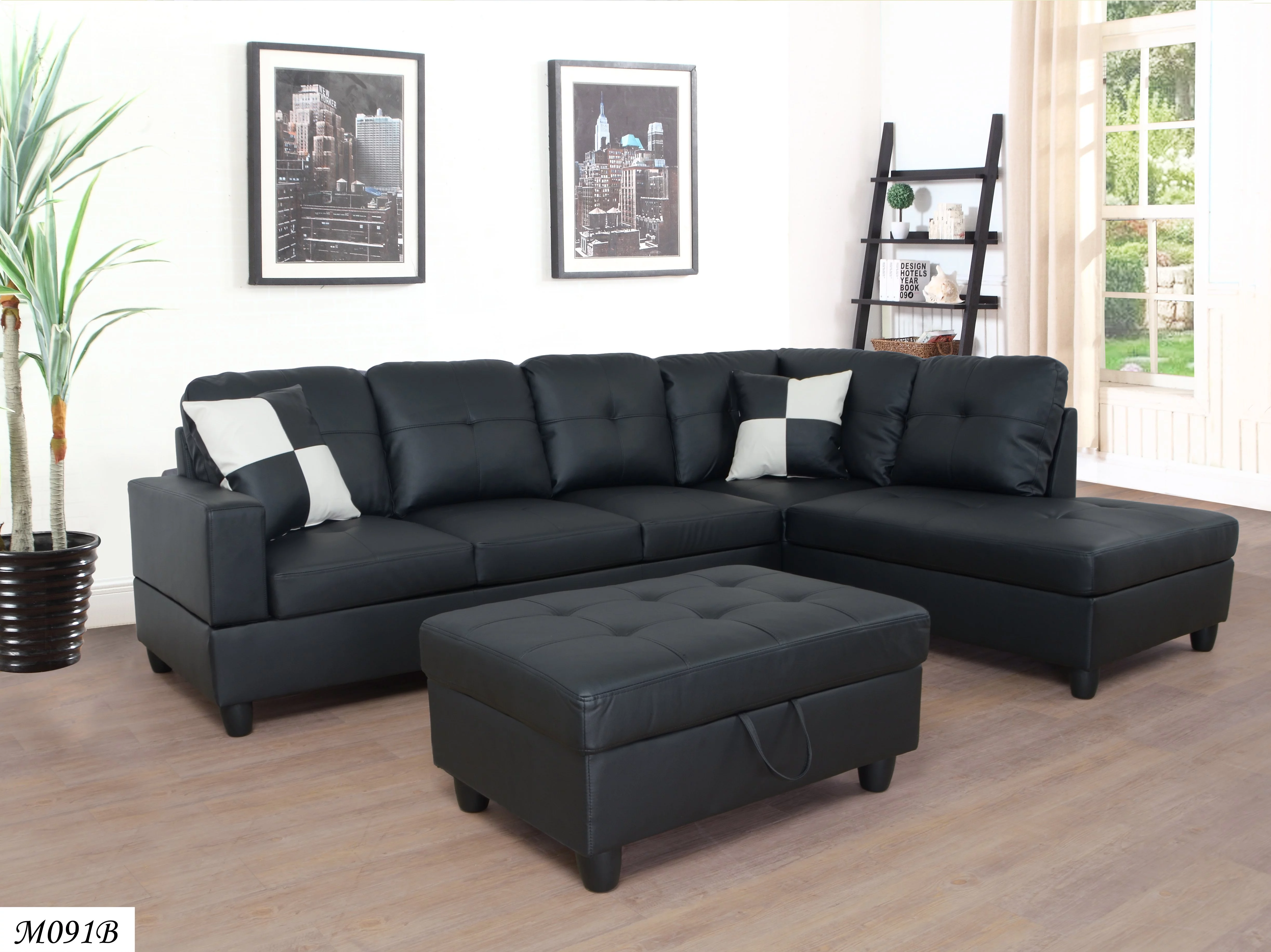 Sectional 3 PC set Black Faux Leather Right -Facing Chaise with Storage Ottoman