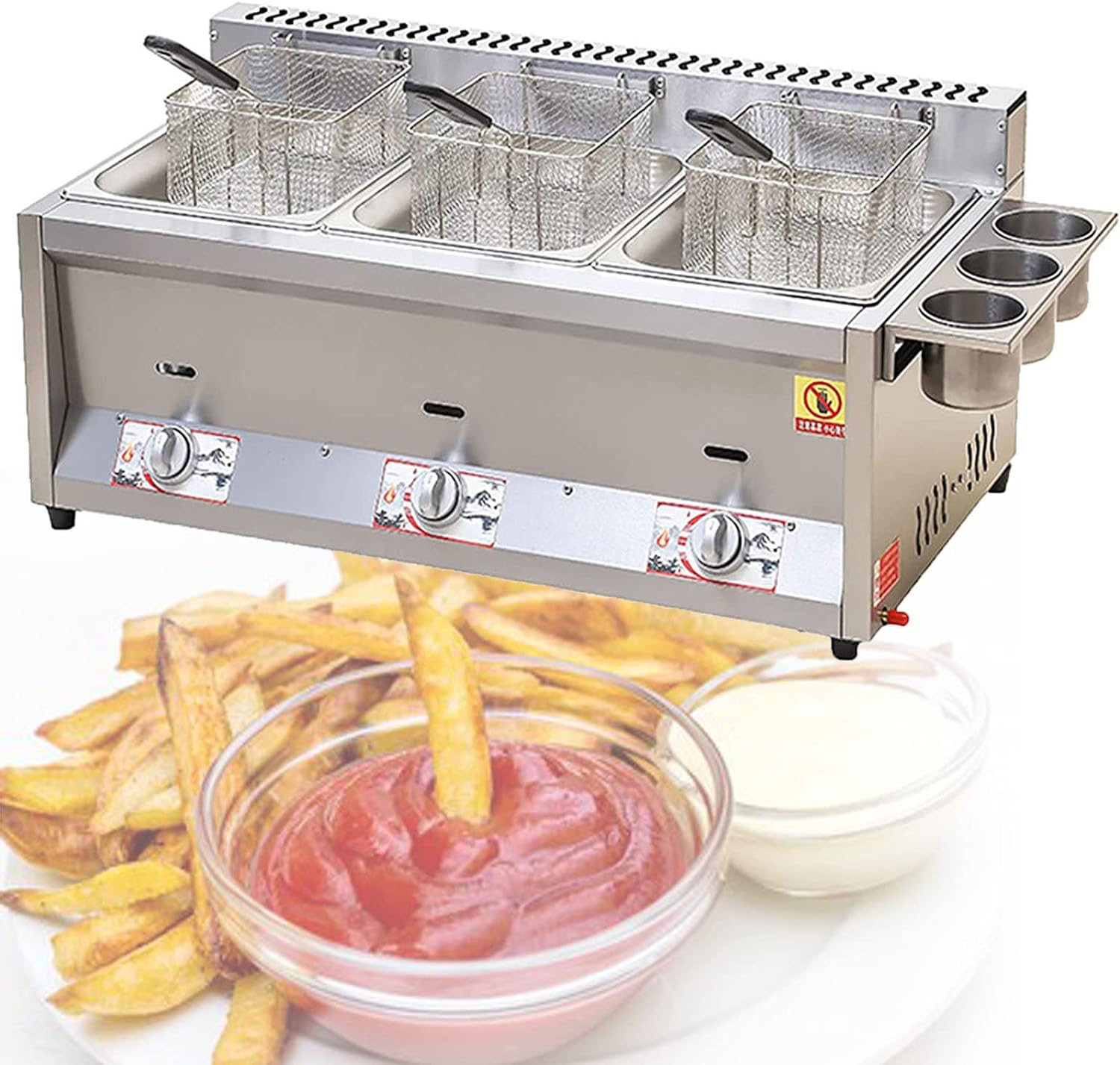 Deep Fryers,Commercial Deep Fryer,3-Cylinder Gas Fryer W/ 3 Fry Baskets Countertop Kitchen Stainless Steel Frying Machine for French Fry