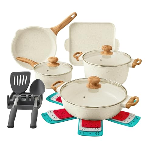 The Pioneer Womans 14-Piece Cast Aluminum Cookware Set with Nonstick Coating, Charcoal Speckle