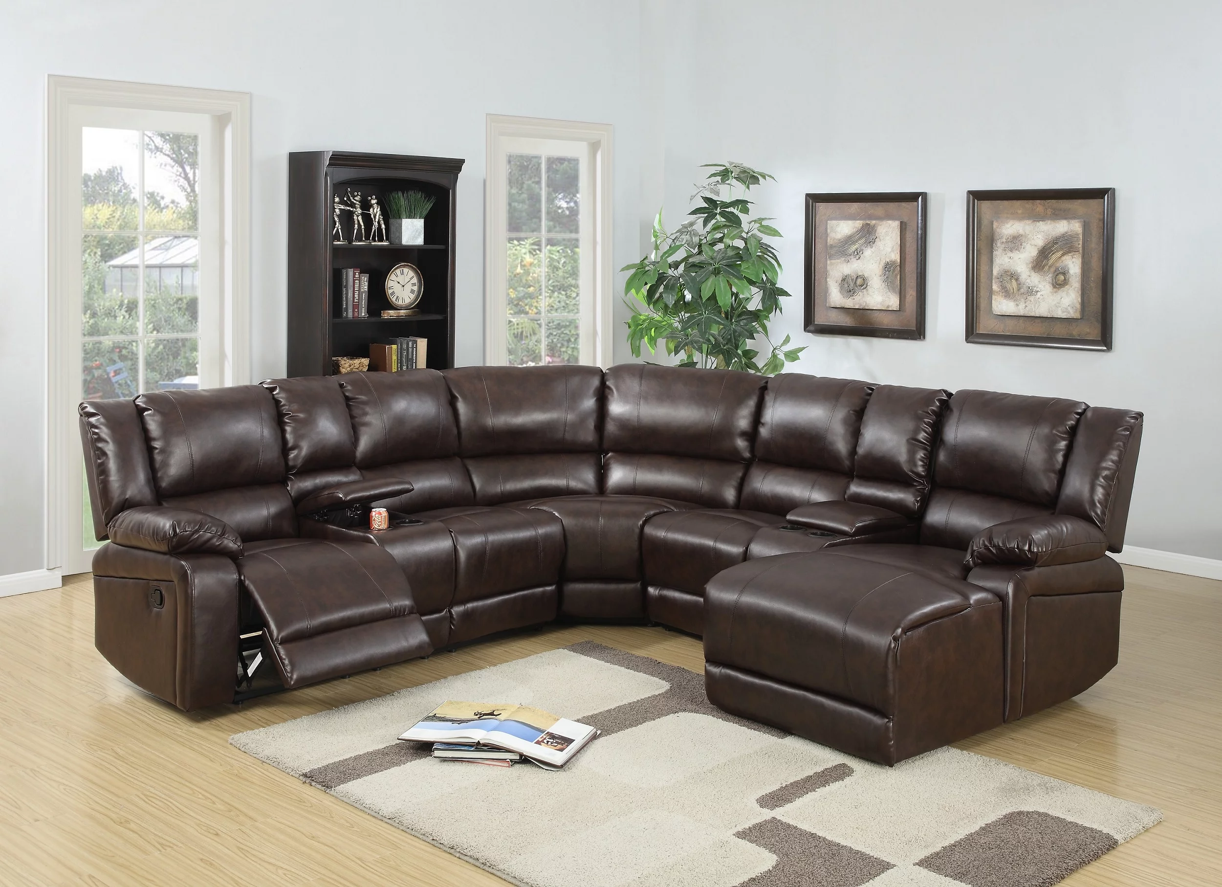 Motion Sectional Sofa Chaise Console Living Room Brown Color Bonded Leather Wedge Cushion Couch