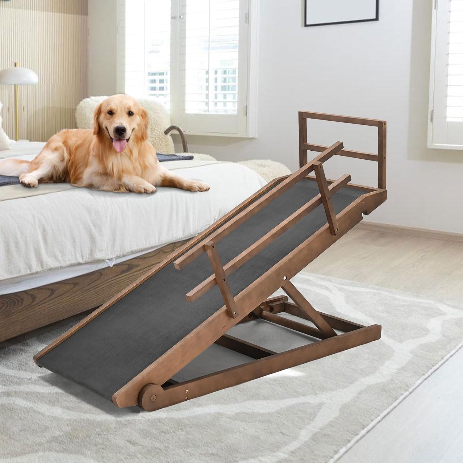 Dog Ramp, 5 Level Adjustable Folding Pet Ramp for High Bed, Upgrade Rubber Mat High Traction Ramp, Wooden Folding Pet Ramp for Bed, Couch,SUV