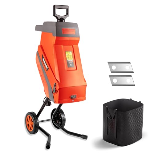 PROYAMA 15 - Amp Electric Wood Chipper, Corded Shredder with Collection Bag and Push Stick, Double Sided Blade System, Auto Shut - Off