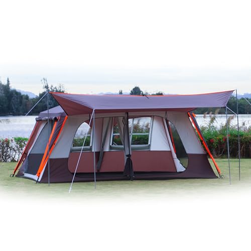 KTT Extra Large Tent 10-12-14 Person(B),Family Cabin Tents,2 Rooms,3 Doors and 3 Windows with Mesh,Straight Wall,Waterproof,Double Layer