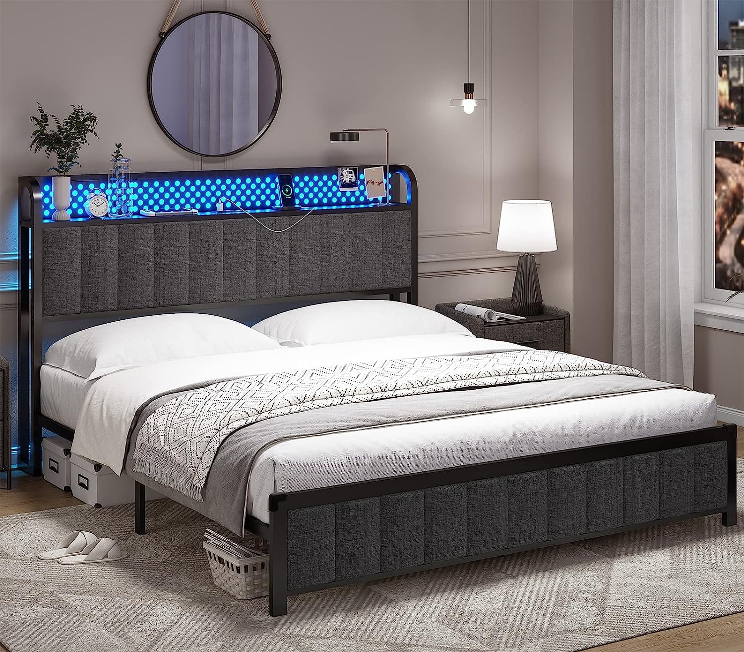 ADORNEVE Queen LED Bed Frame with Storage Headboard, Upholstered Platform Bed with Outlets and USB Ports, No Box Spring Needed, Dark Grey