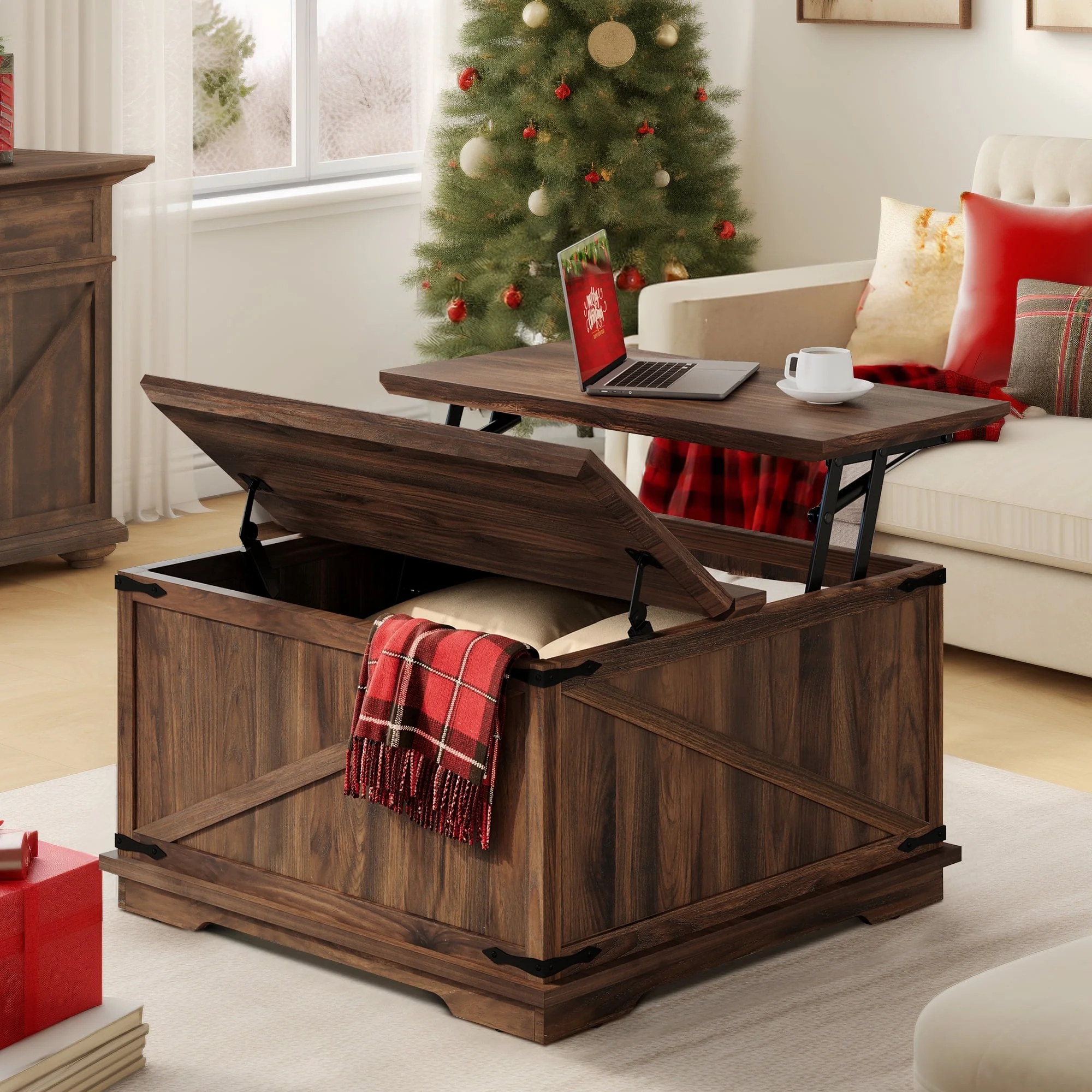 Dextrus Farmhouse Square Lift Top Coffee Table with Storage, Wood Center Table for Living Room, Walnut - Curated Treasures Market