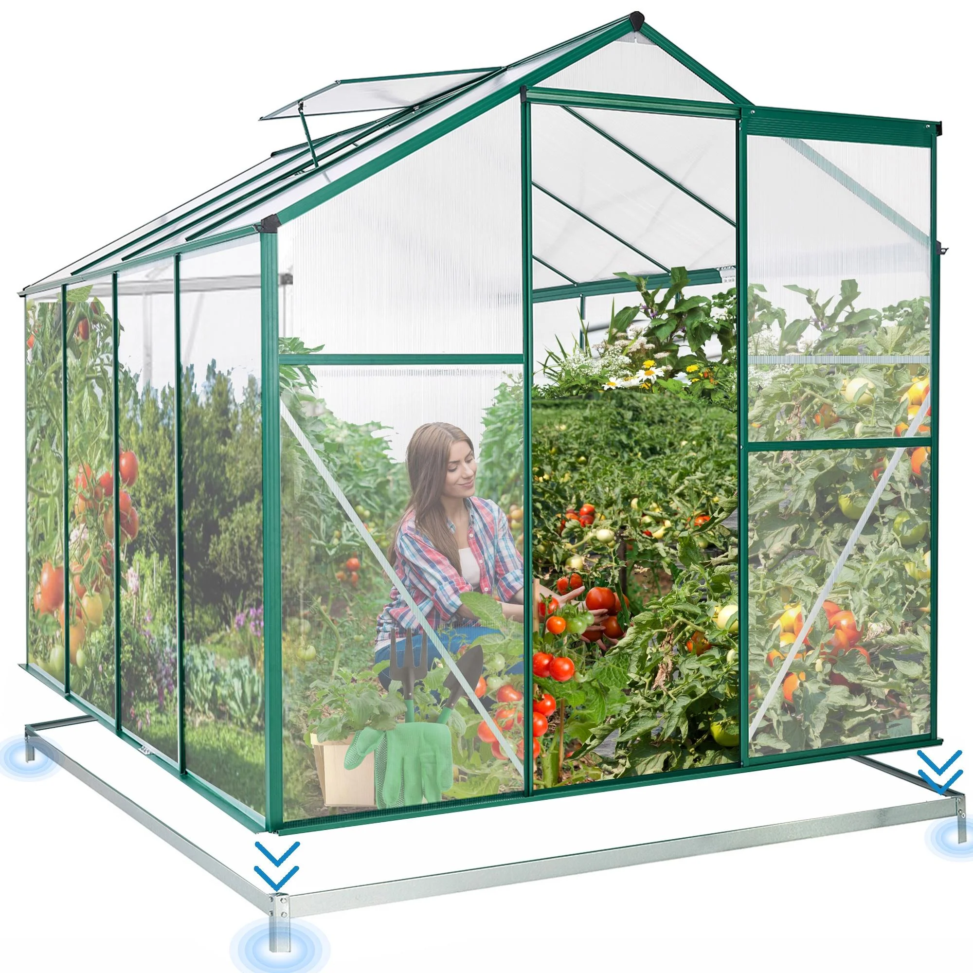 Outdoor Greenhouse Kit, Seizeen Polycarbonate Walk in Green house w/Aluminum Farm, Heavy Duty Garden Greenhouse with Window & Sliding Door