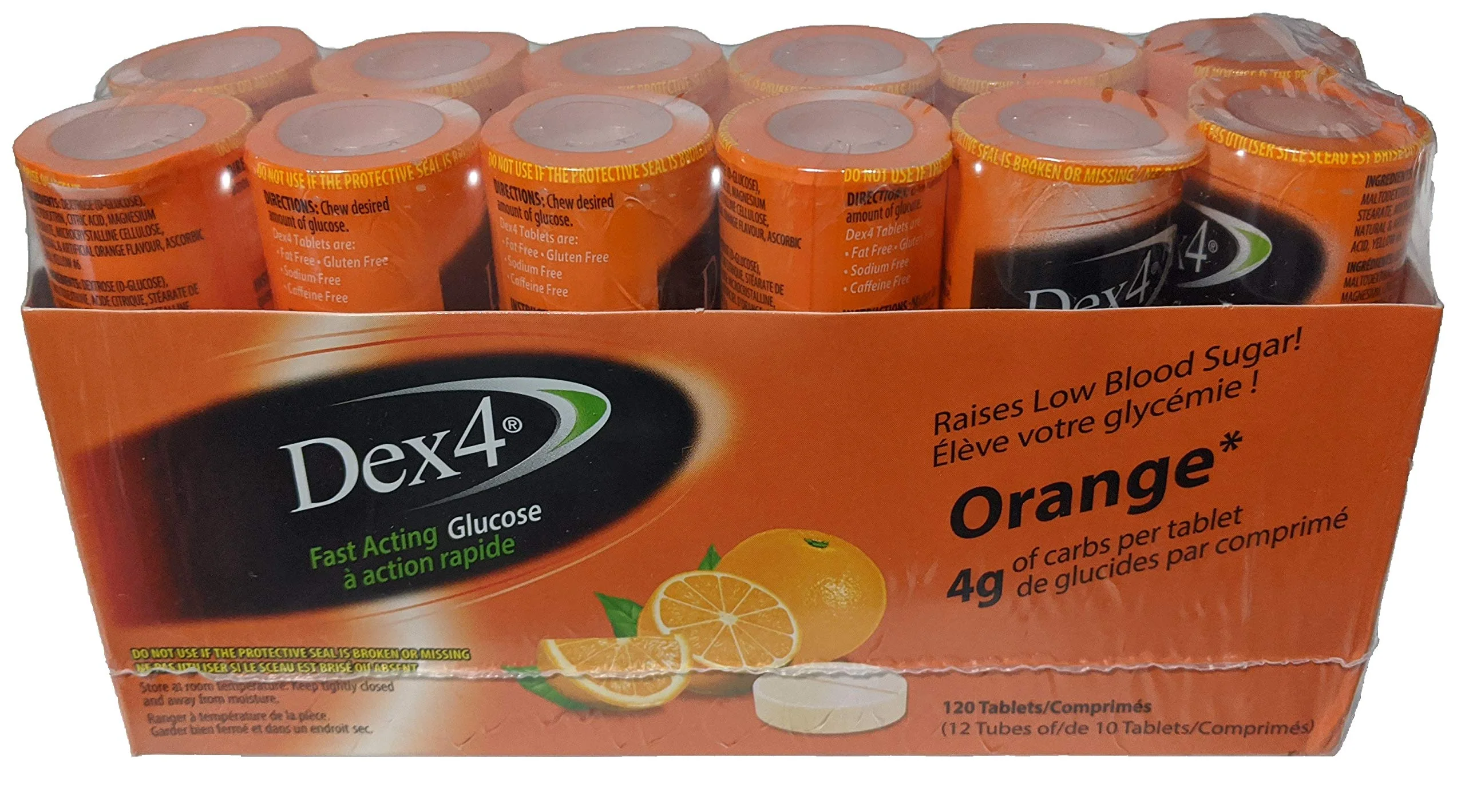 Dex4 Glucose Tablets, Orange, 12-Pack of Dex4 Tubes, 10 Tablets in Each Tube, Each Tablet Contains 4g of Fast-Acting Carbs - Kansas Nuitrition