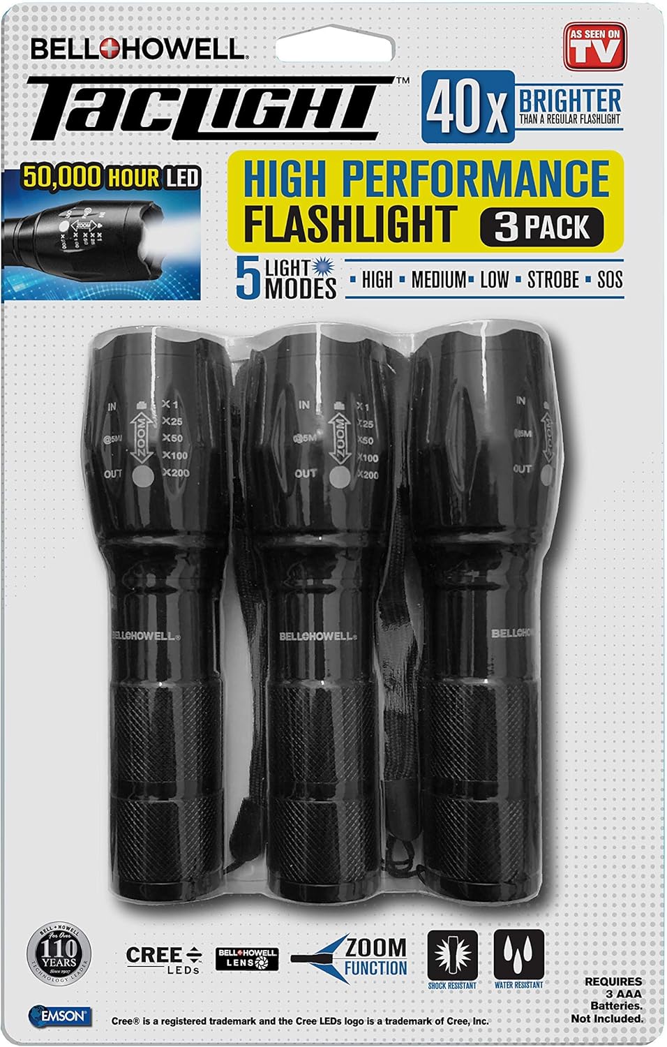 Taclight Flashlight by Bell+Howell High Lumens LED Tactical Flashlight 5 Modes & Zoom Function 40X Brighter Water Proof Handheld FlashLight For